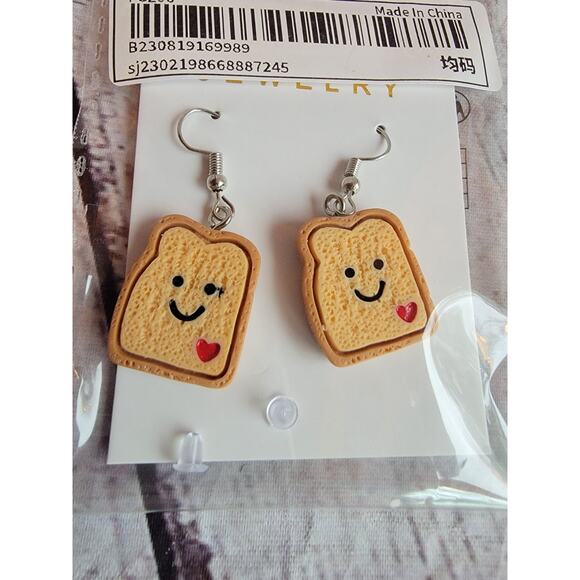 Happy Toast Novelty Earrings Dangles Cute Heart Whimsical corky earrings - Picture 2 of 4